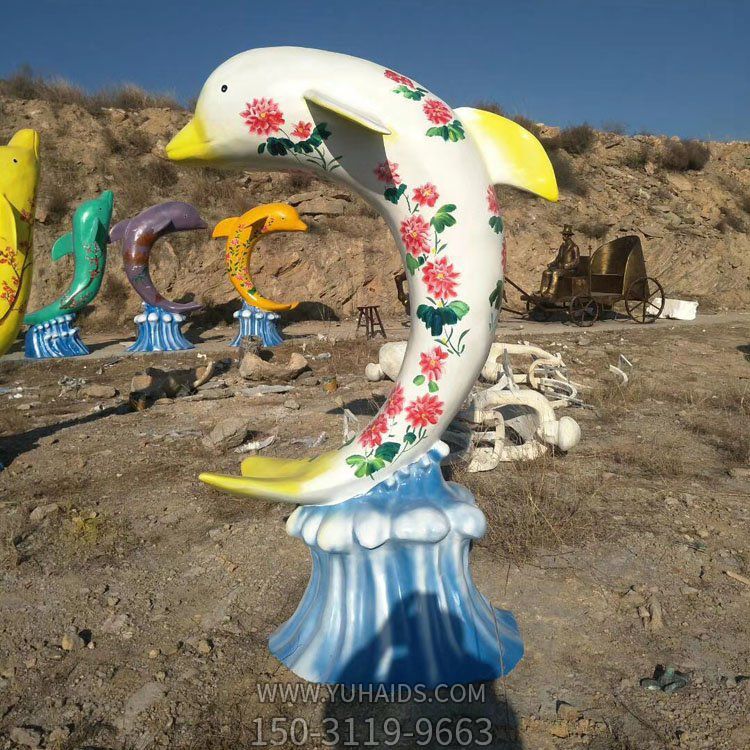 玻璃鋼彩繪海豚，彩色印花海豚雕塑擺件