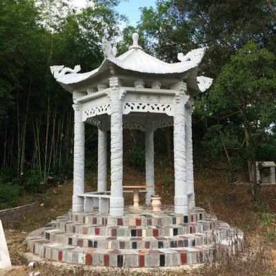 漢白玉六角石雕亭子，公園園林休息涼亭
