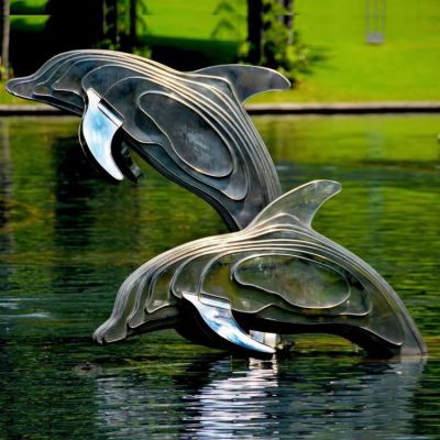 不銹鋼海豚雕塑，池塘水景抽象海豚景觀動(dòng)物雕塑
