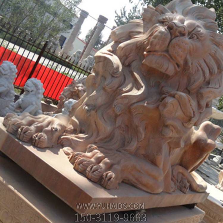 大型天然石材晚霞紅西方臥獅企業(yè)門(mén)口擺件雕塑