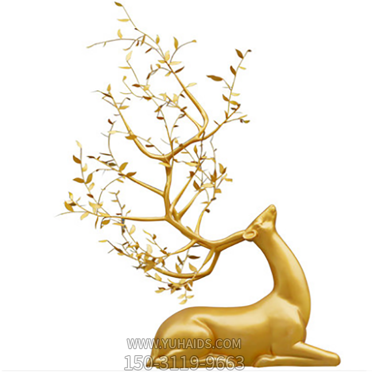 臥姿抬頭梅花鹿，樹(shù)葉修飾創(chuàng)意鹿雕塑