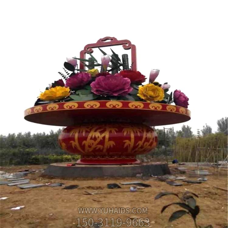 公園廣場(chǎng)大型玻璃鋼景觀花籃，慶典大花籃雕塑