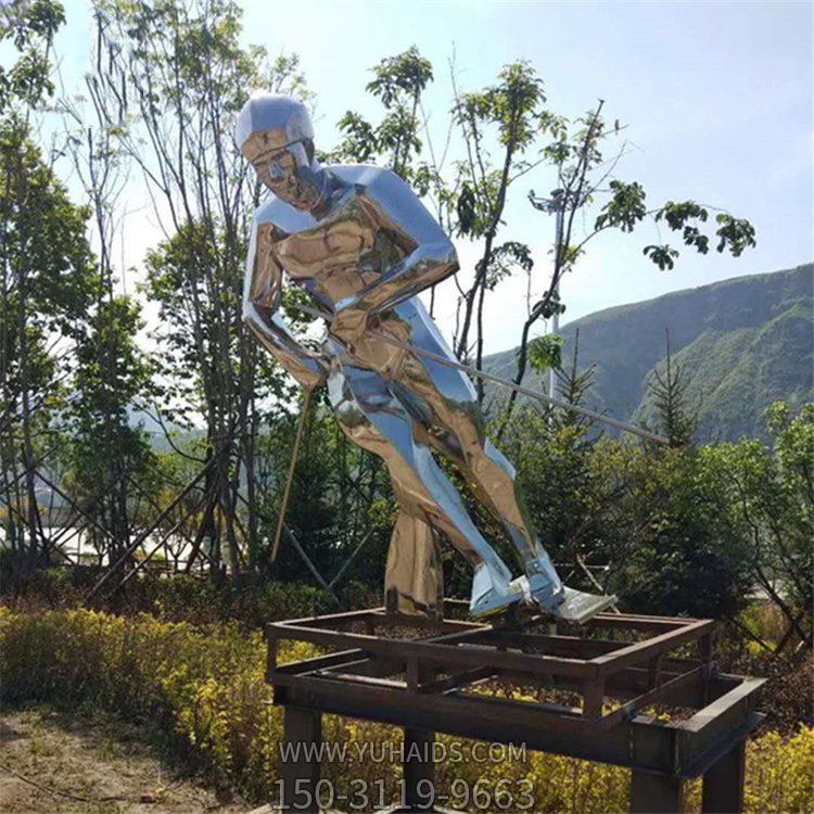 體育廣場不銹鋼鏡面拋光滑雪運(yùn)動(dòng)員戶外擺件雕塑