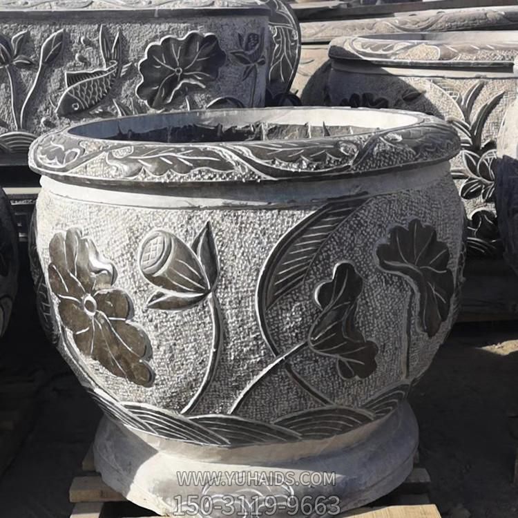 青石復(fù)古雕刻荷花中式別墅園林魚(yú)缸雕塑